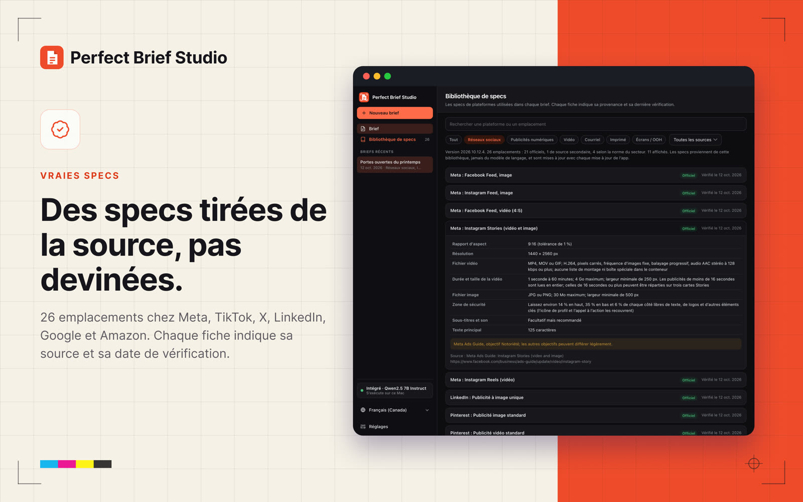 Fiches de specs avec les formats des plateformes, leur source et leur date de vérification